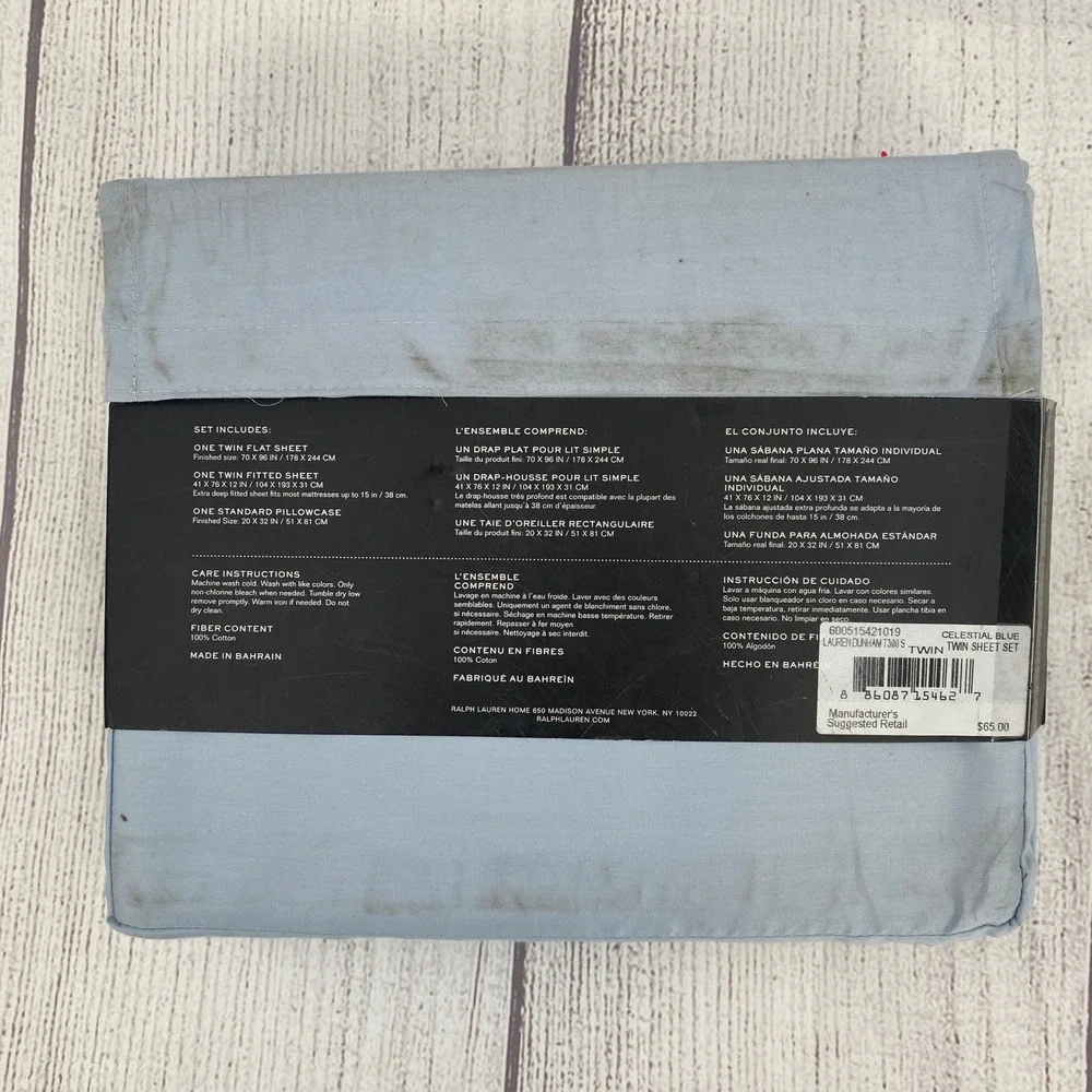 Lauren Ralph Lauren Sheet Set Twin Celestial Blue Dunham Sateen 300TC Cotton